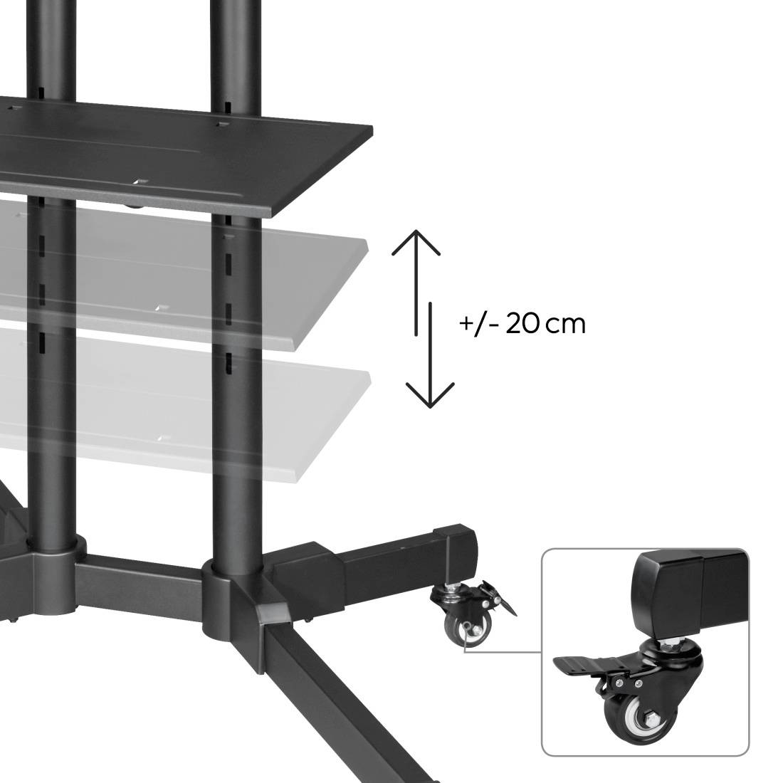 Höhenverstellbares Regal mit Rollen, verstellbar um 20 cm. Eignet sich für flexibles Möbelarrangement.
