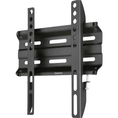 Schwarze TV-Wandhalterung aus Metall für Flachbildschirme, mit verstellbaren Befestigungsschienen und Schrauben.