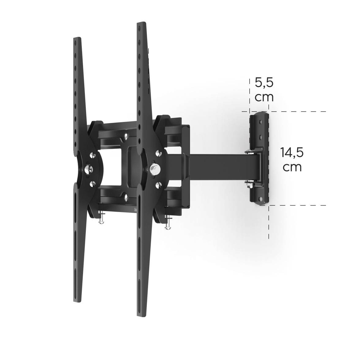 Schwenkbare TV-Wandhalterung mit Dimensionen: 5,5 cm Tiefe, 14,5 cm Höhe. Geeignet für verschiedene TV-Größen.
