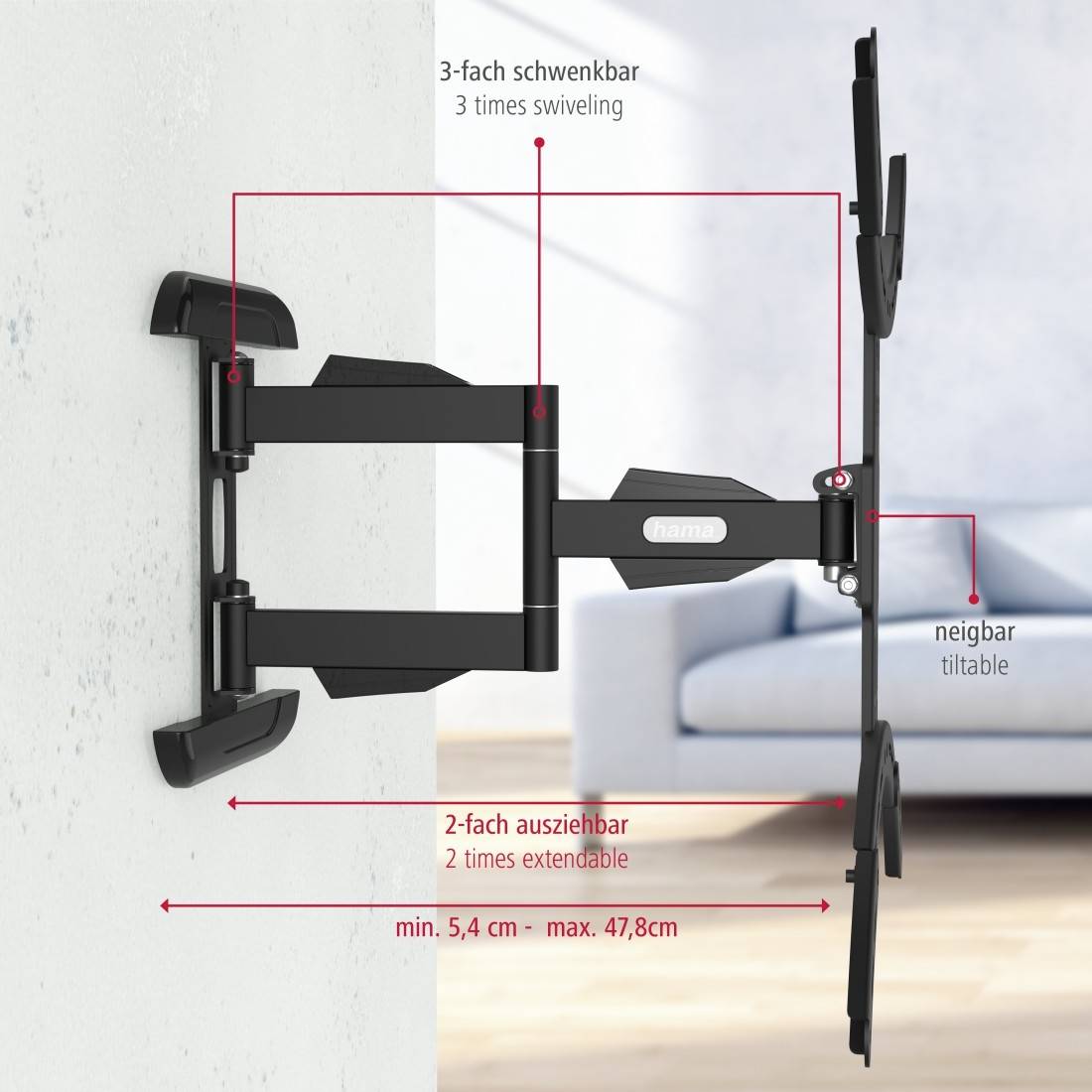 Wandhalterung für Fernseher: dreifach schwenkbar, neigbar, zweifach ausziehbar. Minimaler Abstand zur Wand 5,4 cm, maximal 47,8 cm.