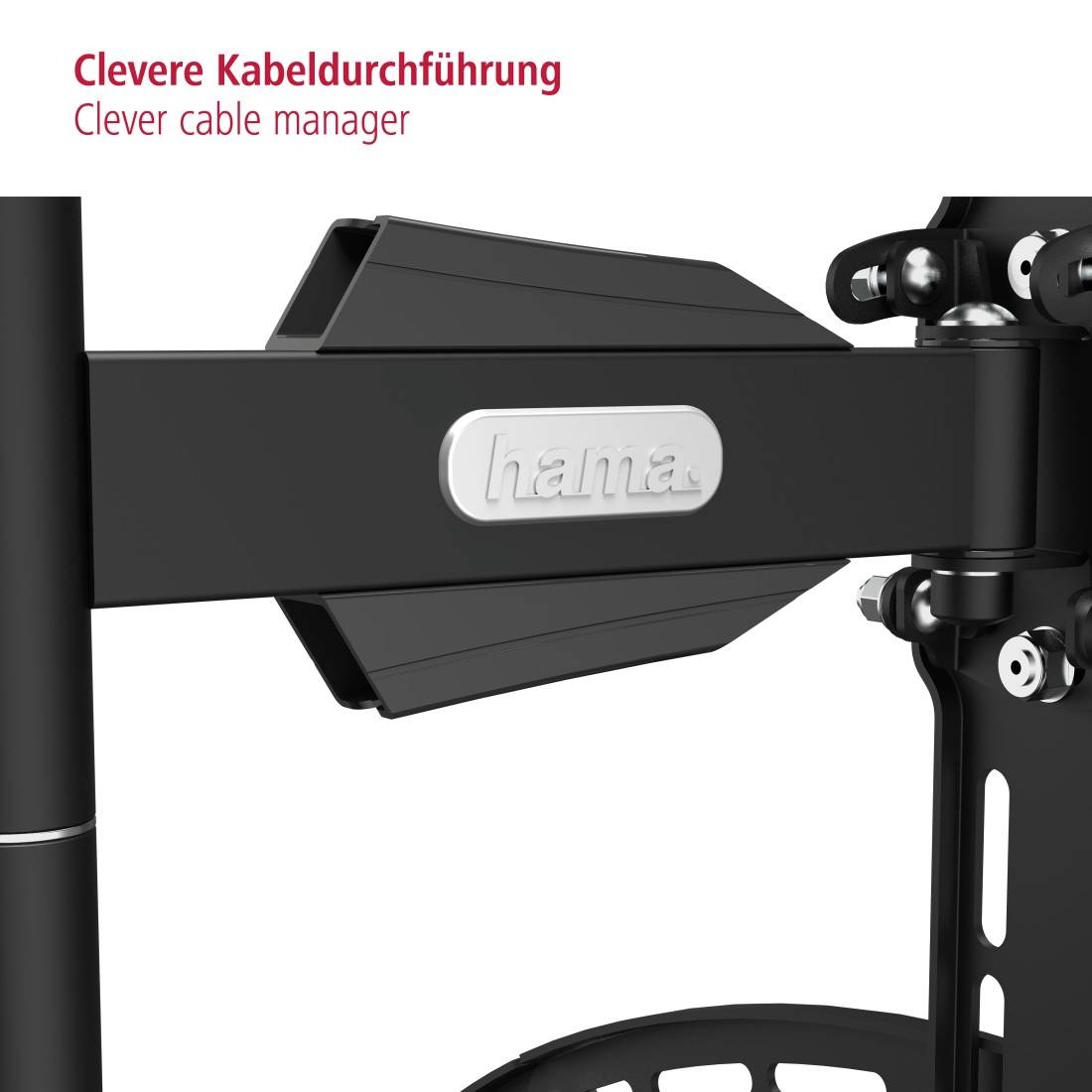 'Cleverer Kabelmanager' zeigt einen Kabeldurchführungshalter von Hama, der an einer Metallstange befestigt ist, für optimierte Ordnung.