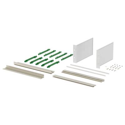 Ein zerlegtes Schubladenset mit Seitenpaneelen, vorderen und hinteren Schienen, Metallstreifen und Schrauben, ordentlich auf einem weißen Hintergrund angeordnet.