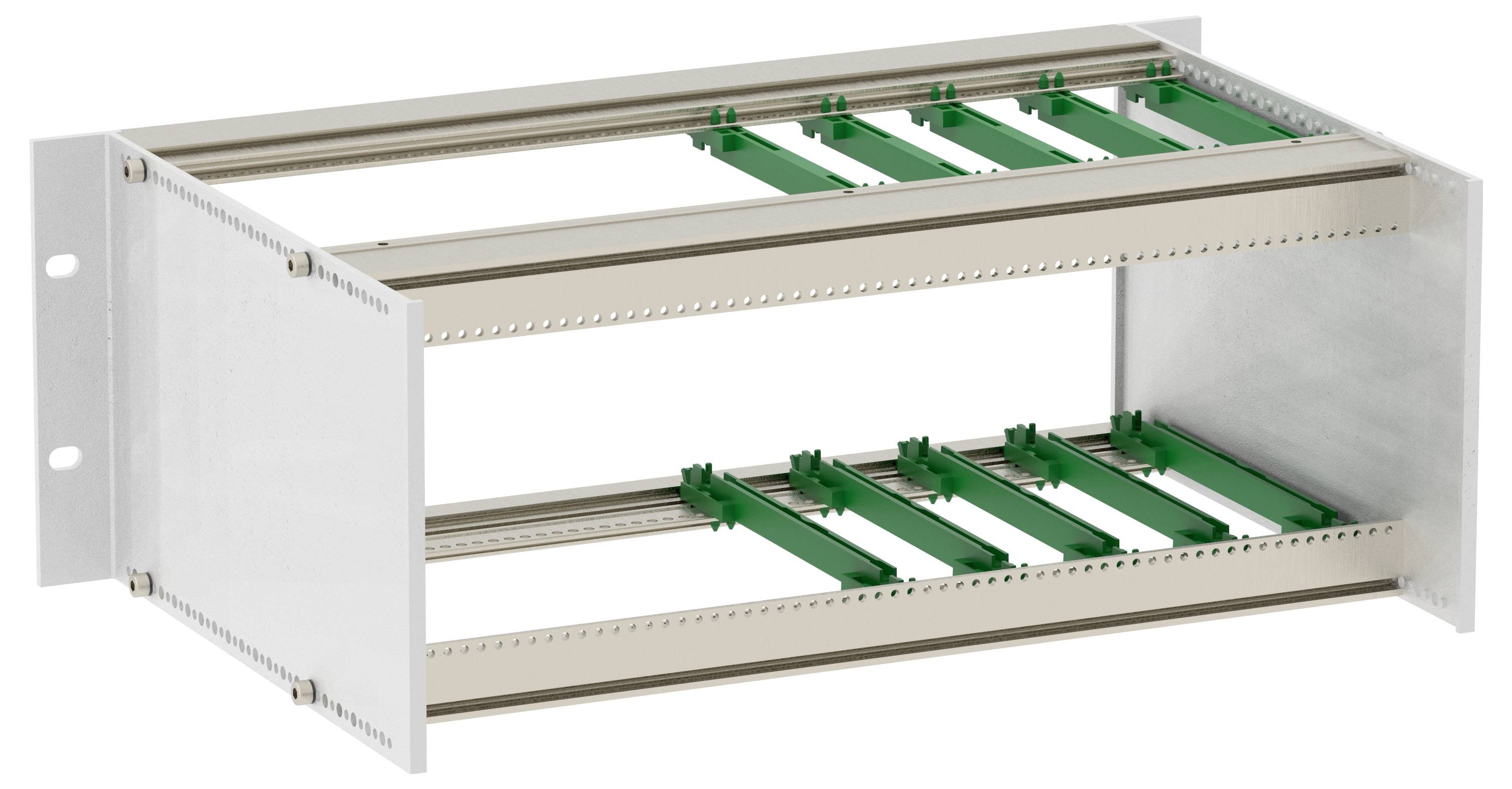 Ein Metallgestell mit offener Rahmenstruktur, das zwei Reihen grüner Klammern aufweist, welche zum Halten von Leiterplatten oder Tafeln ausgelegt sind.