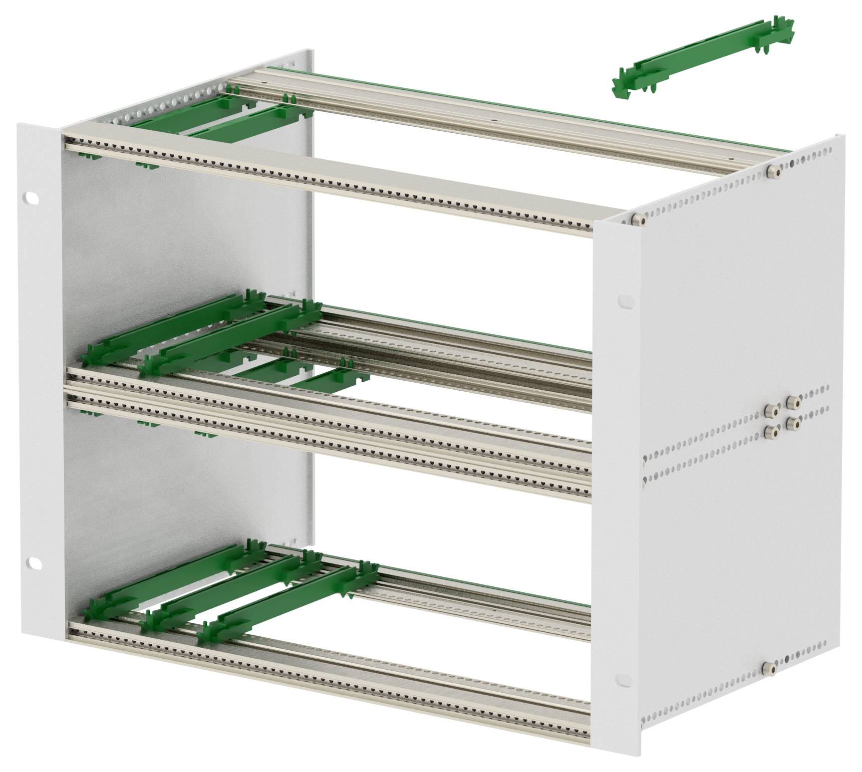 Ein offenes Metallgehäuse mit Rahmenstruktur, das drei Fächer aufweist und grüne Montageschienen sowie eine freischwebende Schiene außerhalb des oberen Bereichs zeigt.