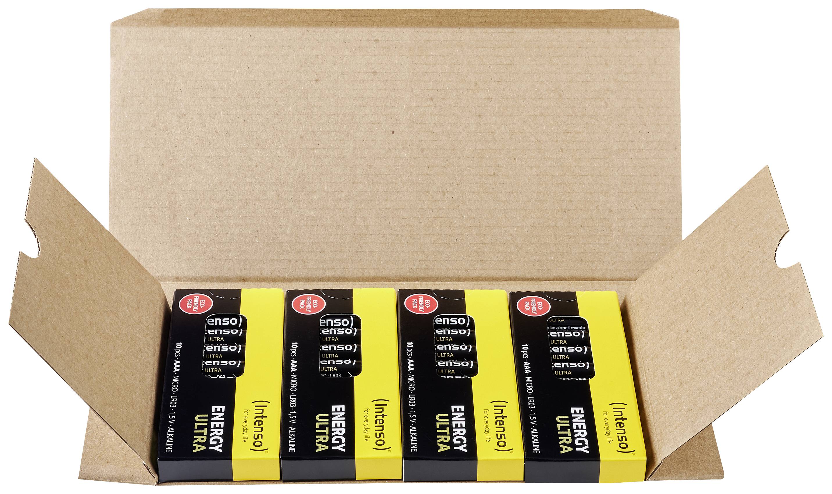 Offene Pappschachtel mit fünf nebeneinanderliegenden, gelb-schwarzen Batterieverpackungen der Marke 'Energy Ultra'.