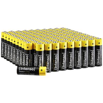 Ein Stapel AA-Batterien der Marke Intenso mit gelben und schwarzen Gehäusen, angeordnet in einem Raster.