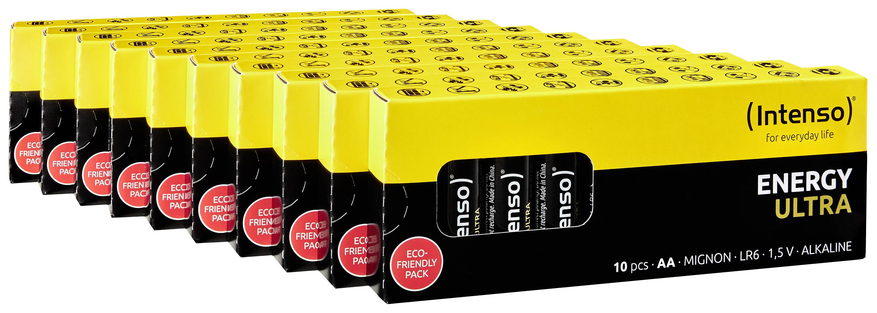 Batterieverpackung von Intenso, 40 AA-Batterien, alkalisch, in gelb-schwarzem Karton, mit Aufschrift 'ENERGY ULTRA'.