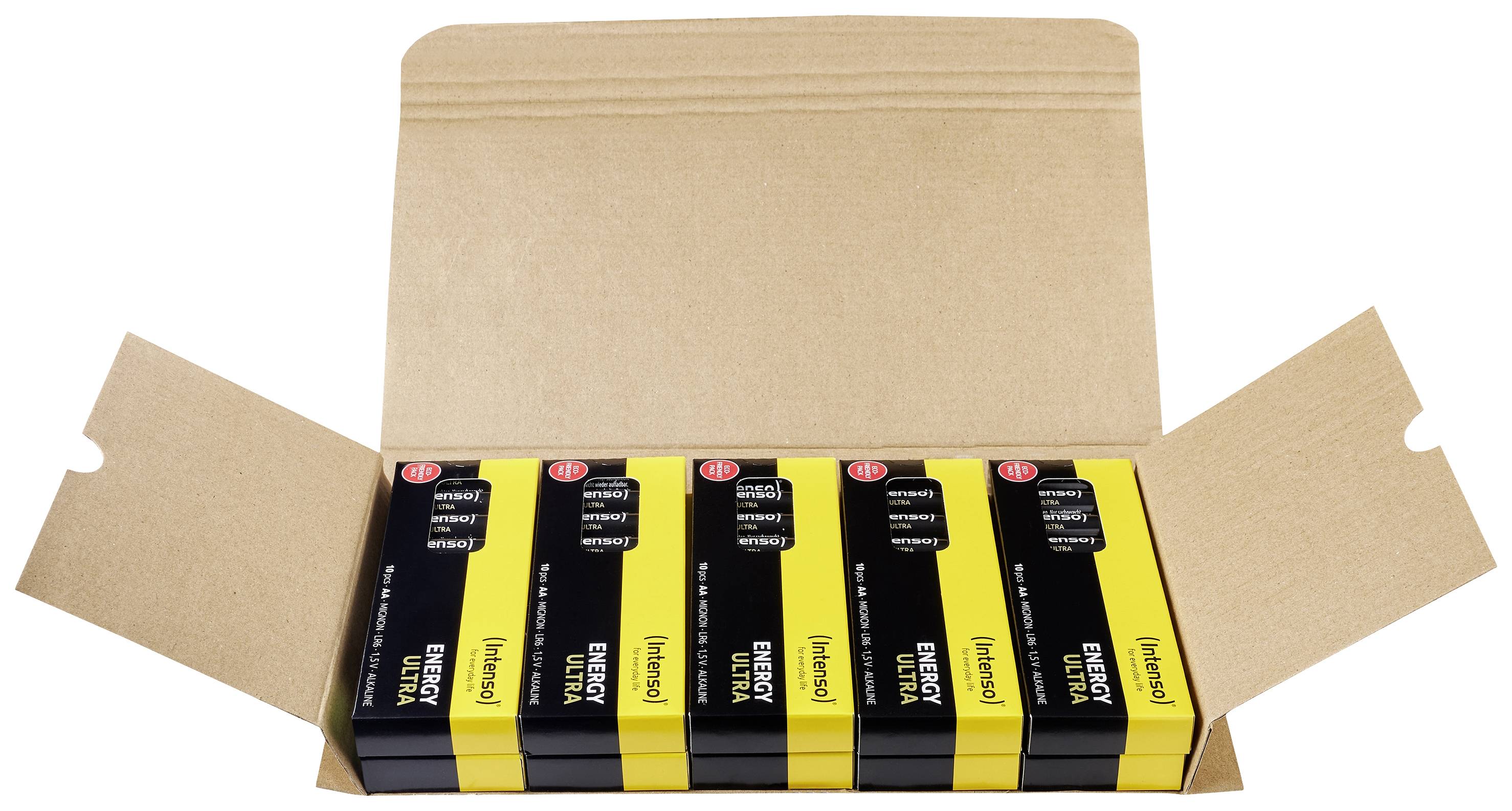 Sechs Stück Energy-Batterien in einer offenen braunen Pappverpackung, nebeneinander in zwei Reihen angeordnet.