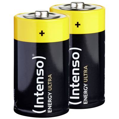 Zwei gelb-schwarze 'Intenso Energy Ultra' Batterien, nebeneinander stehend, zeigen das Plus-Symbol oben.