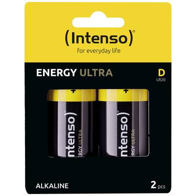 'Intenso Energy Ultra' Batterien in Größe D, 2er-Packung, abgebildet in schwarzer und gelber Verpackung.