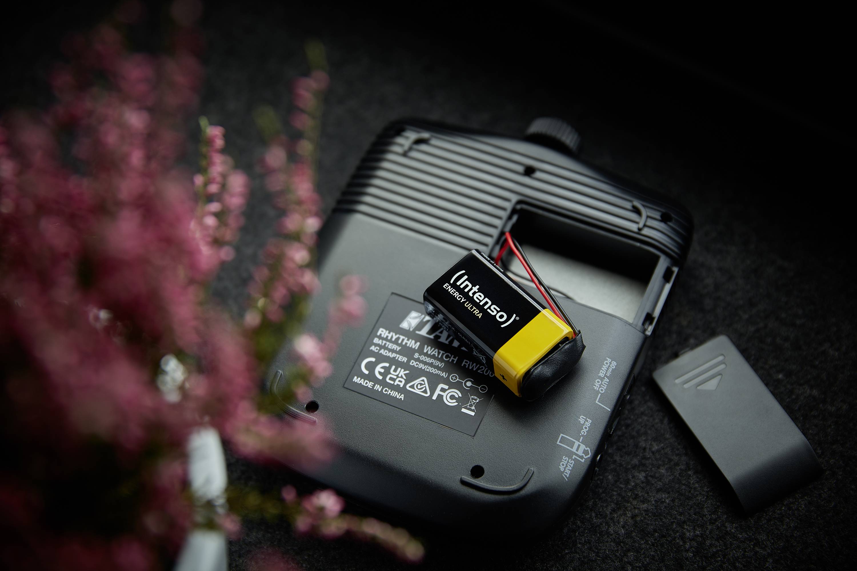 Rückseite eines elektronischen Geräts mit geöffneter Batteriefachklappe, entfernter Batterie und Pflanzen im Vordergrund.