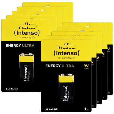 Neun gelbe Packungen Intenso Energy Ultra 9V Alkaline-Batterien, jeweils eine Batterie pro Packung, angeordnet in einem Stapel.