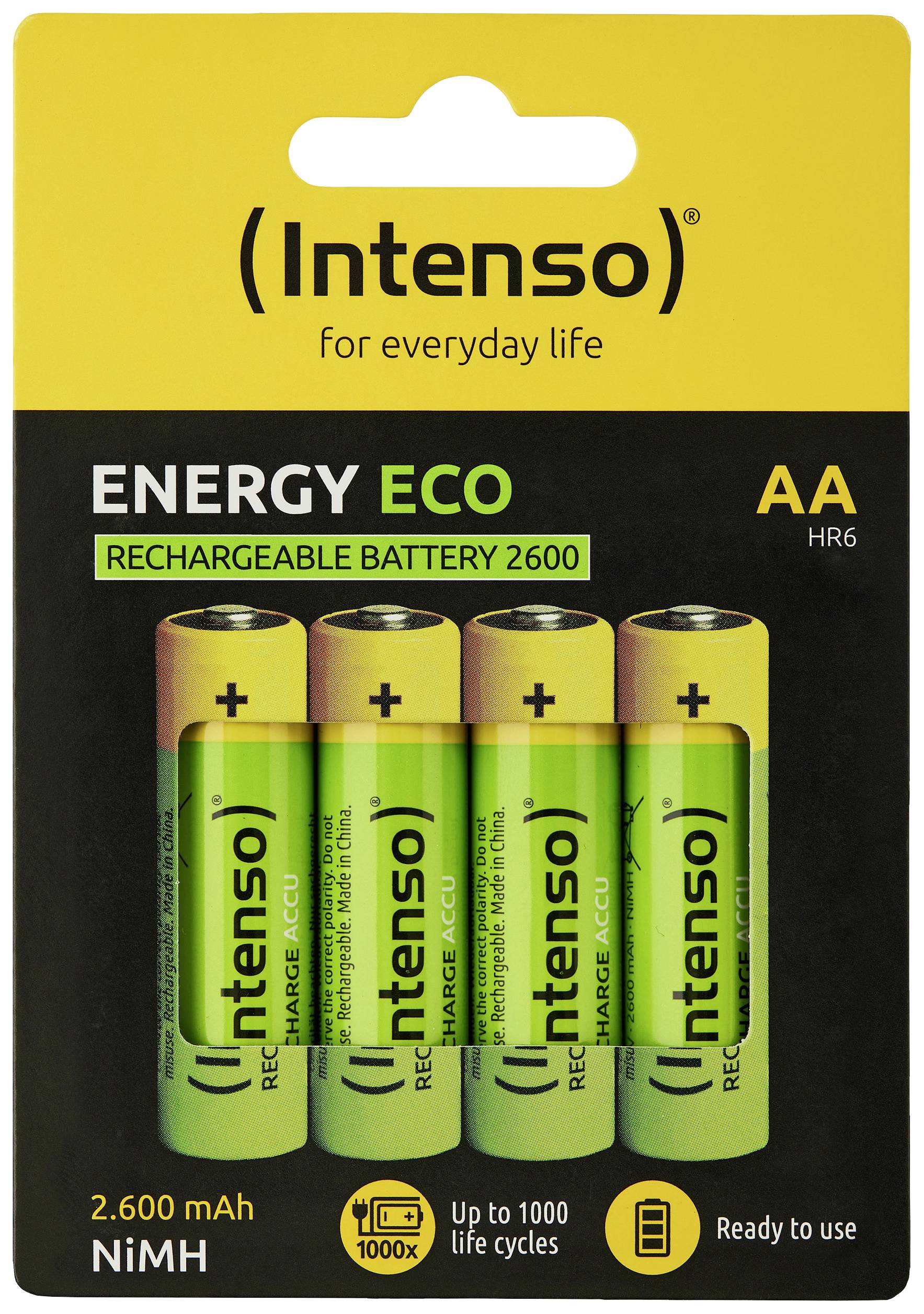 'Intenso' AA wiederaufladbare Batterien, 2600 mAh, 4er-Packung, geeignet für bis zu 1000 Ladezyklen, bereit zur Verwendung.