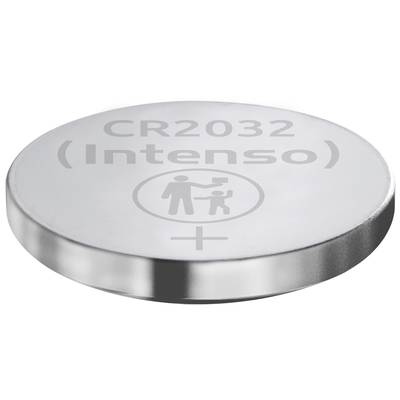 Leere Batteriezelle mit Aufschrift 'CR2032 Intenso'. Piktogramm: Erwachsene Person übergibt Batterie an ein Kind.
