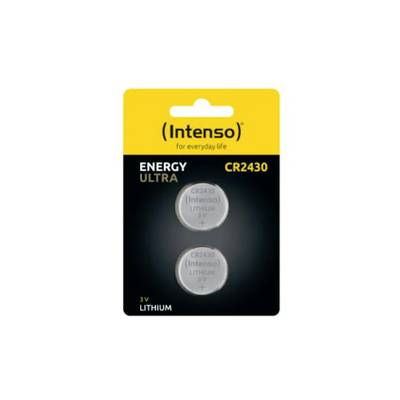 'Zwei Intenso CR2430 Lithium-Knopfzellen auf schwarzem Hintergrund, verpackt auf gelbem Karton mit Aufschrift "Energy Ultra".'