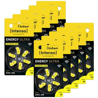 Ingwerfarbene Packungen mit Hörgerätebatterien der Marke Intenso, Modell 'Energy Ultra', 1,4V, Typ PR70, 10 Stück pro Packung.