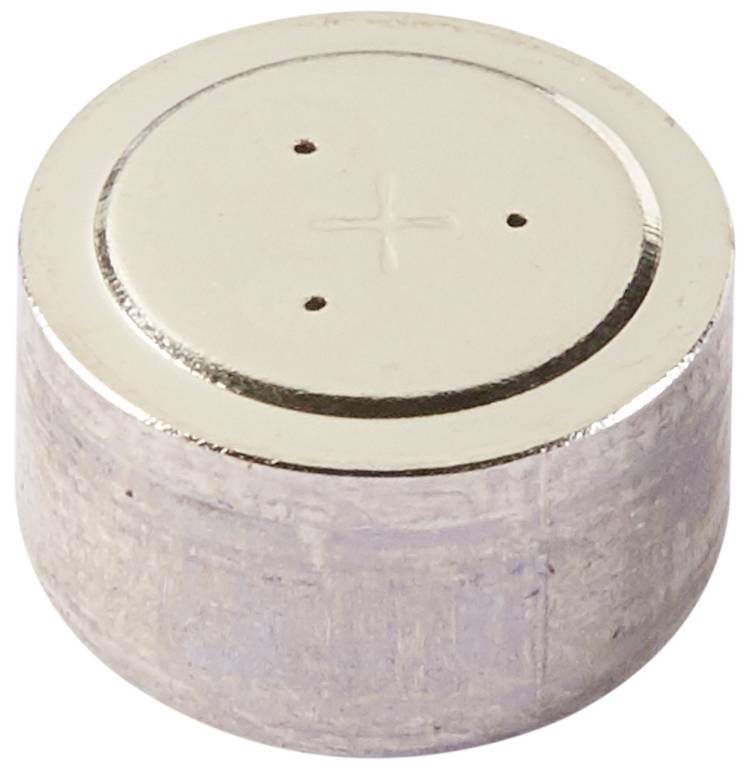 Ein kleines, rundes Mikrofon in Silber mit drei Löchern und einem Pluszeichen in der Mitte.