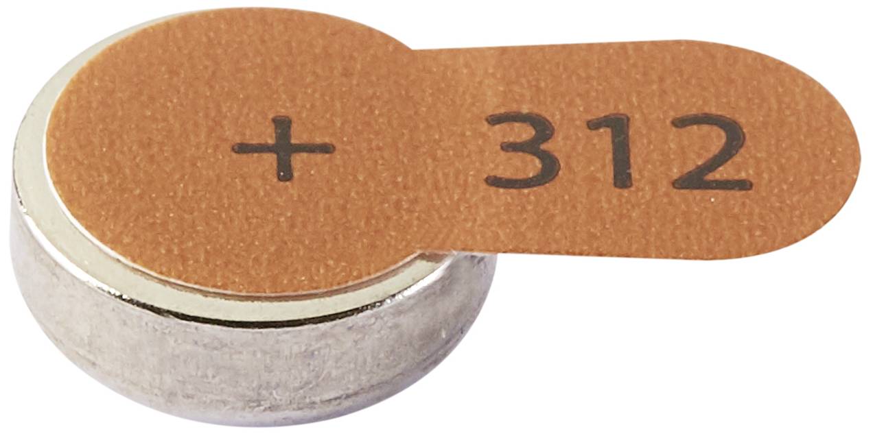 Hörgerätebatterie Typ 312 mit oranger Lasche und aufgedrucktem '+'-Symbol.
