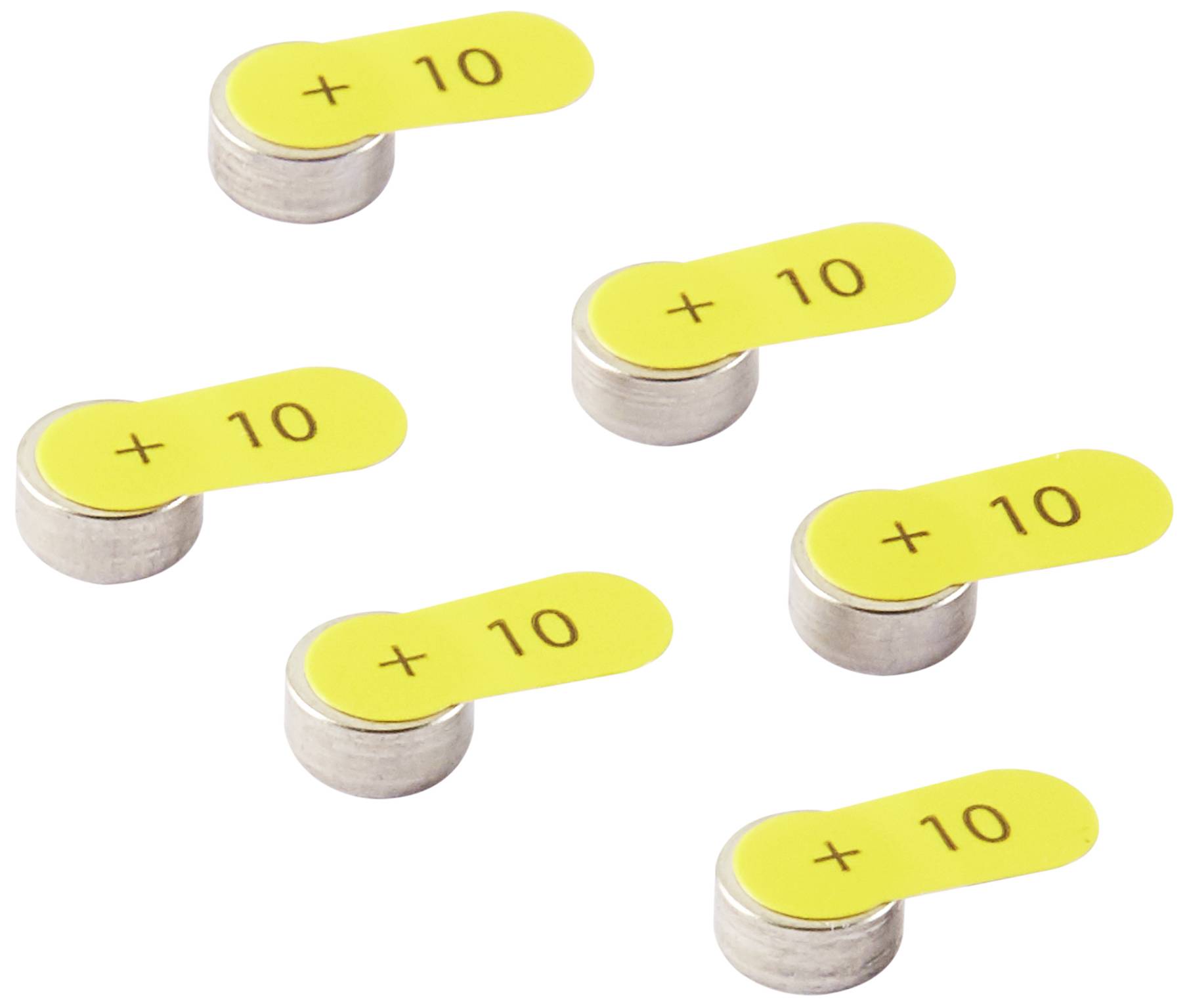Sechs gelbe Hörgerätebatterien in runder Form, jeweils mit dem Aufdruck '+ 10'.