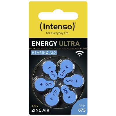 'Intenso Energy Ultra' Hörgerätebatterien, 1,4 V, Zink-Luft, Typ PR44 675, sechs blaue Batterien in einer kreisförmigen Verpackung.