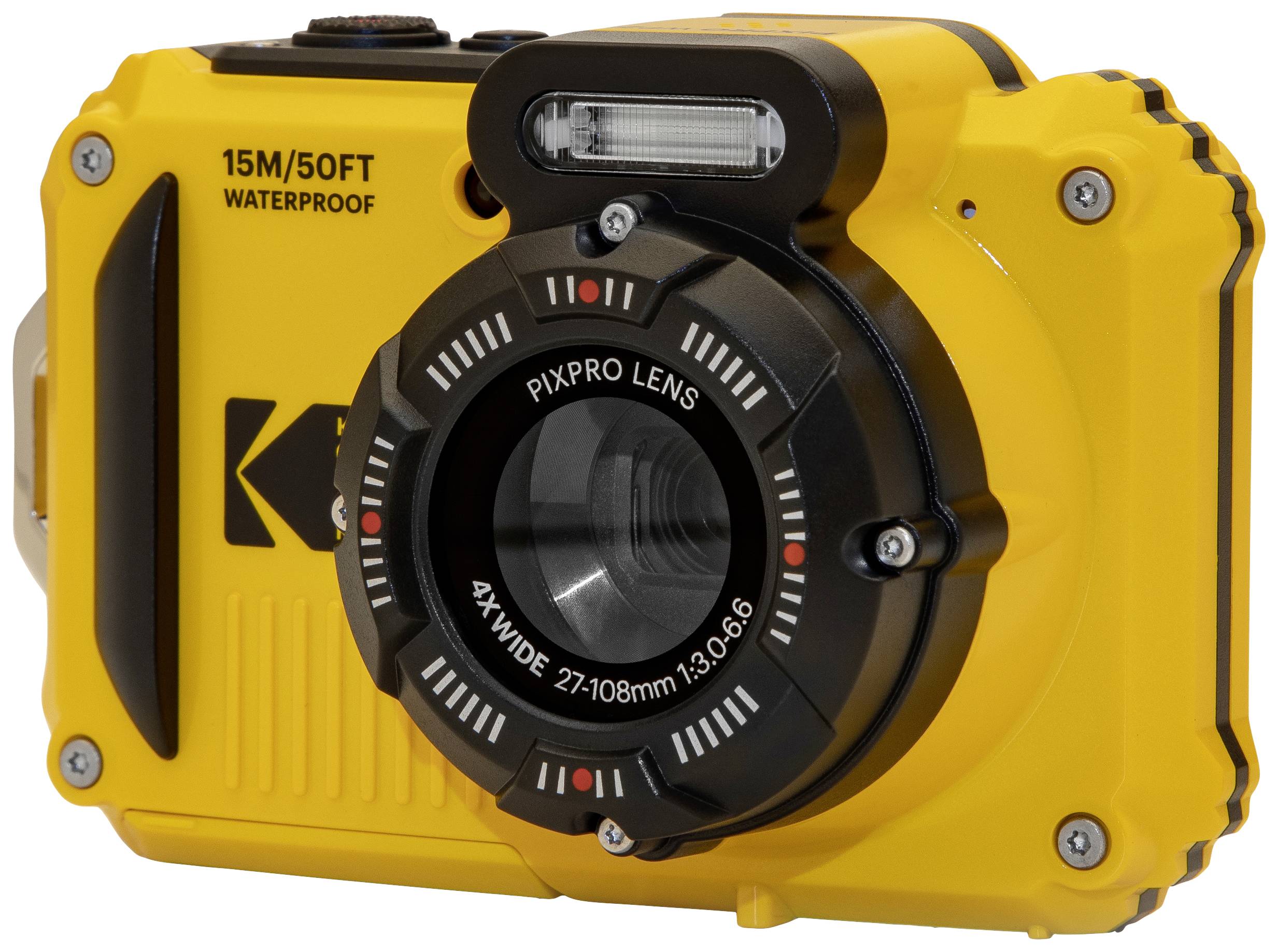 Gelbe wasserdichte Kamera mit der Aufschrift '15M/50FT WATERPROOF' und 'PIXPRO LENS 4X WIDE 27-108MM 1:3.9-6.6'.