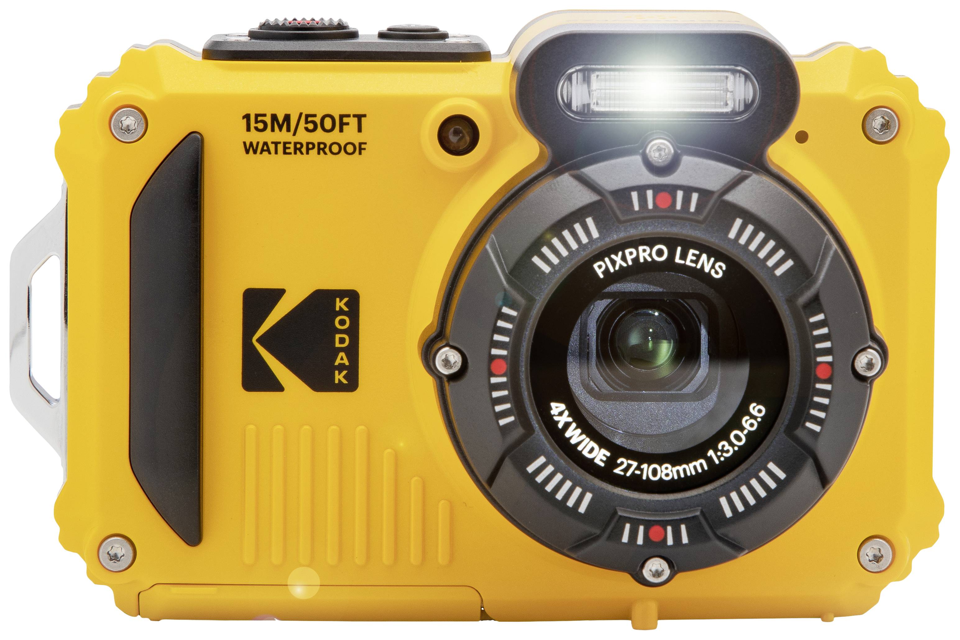 Eine gelbe, robuste Digitalkamera mit '15M/50FT Waterproof', 'KODAK', und 'PIXPRO LENS' Beschriftung, geeignet für Unterwasserfotografie.