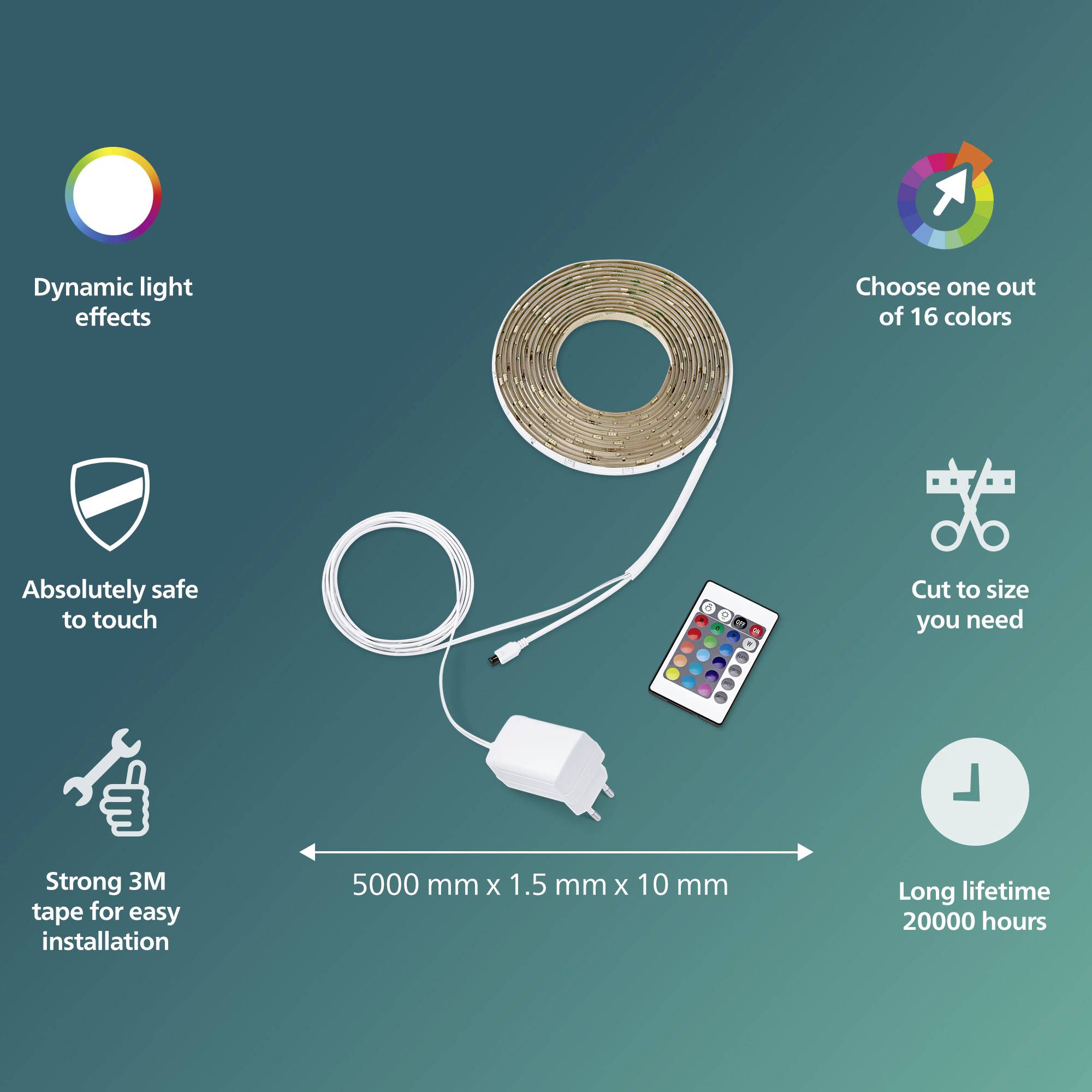 LED-Lichtstreifen-Set: Farbwechsel, 16 wählbare Farben, dynamische Lichteffekte, 5000 mm Länge, schneidbar, sicher, lange Lebensdauer.