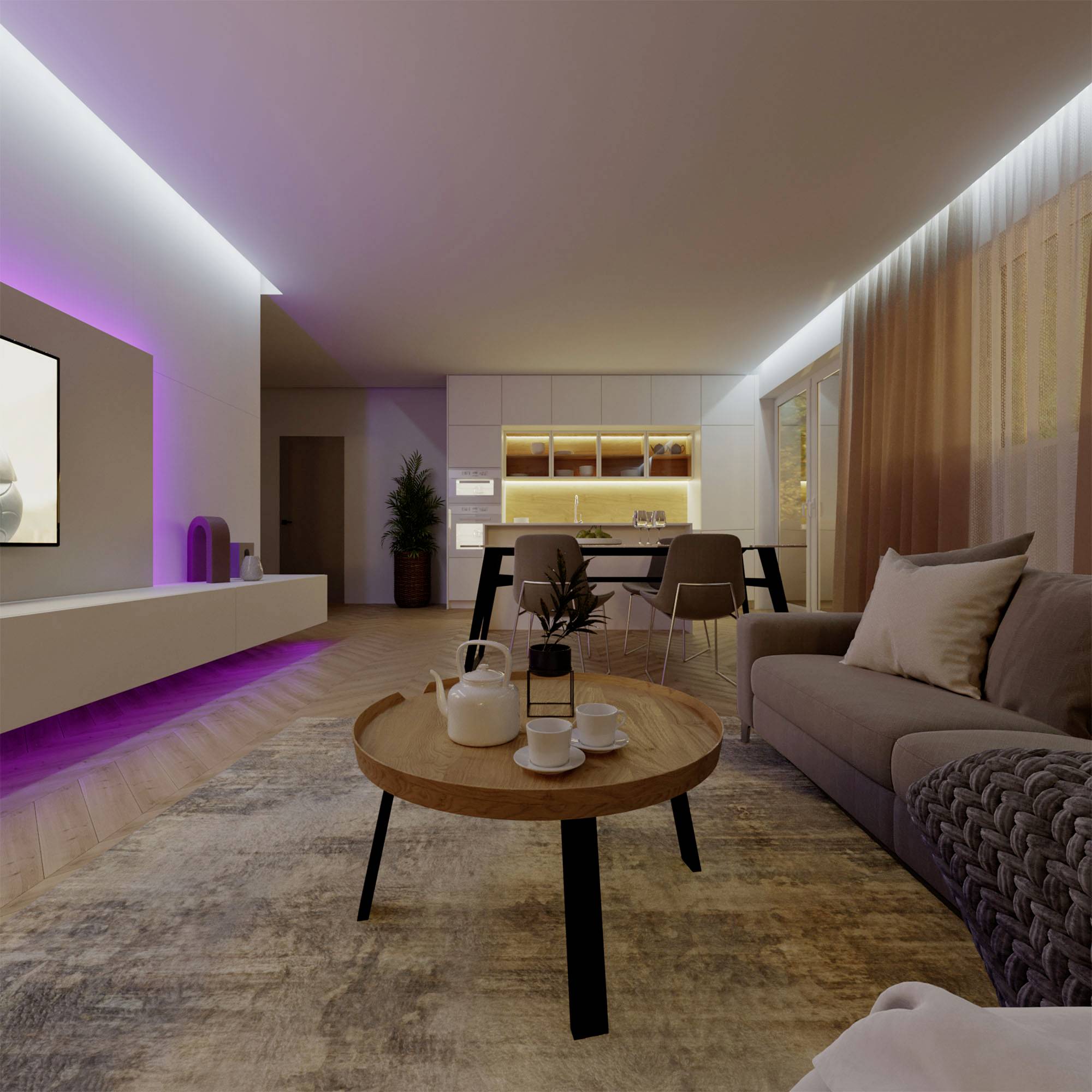 Modernes Wohnzimmer mit Sofa, Kaffeetisch und Fernseher. Die Küche im Hintergrund ist mit warmen Lichtern beleuchtet.