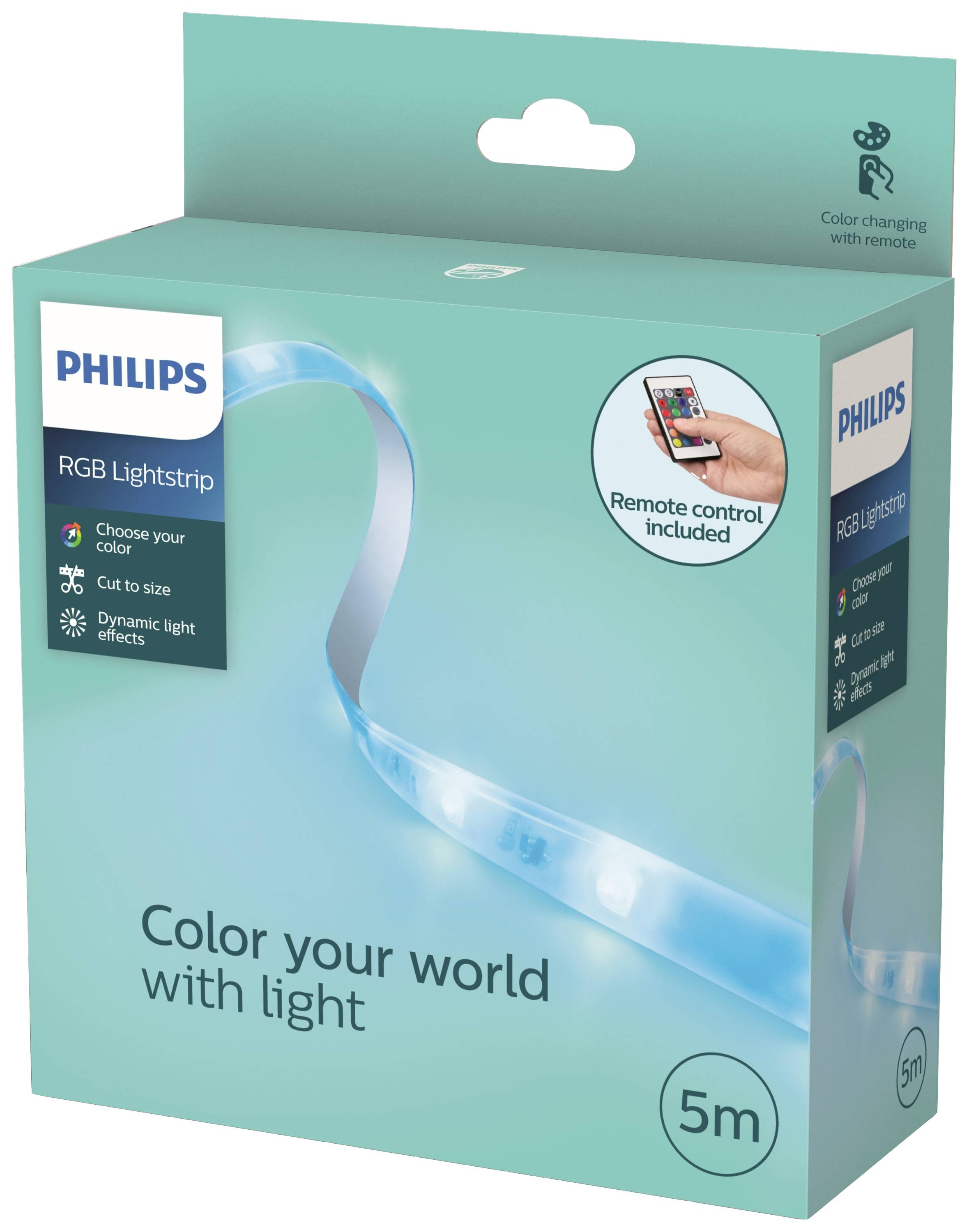 Verpackung einer Philips RGB Lightstrip, 5m. Abgebildet sind ein leuchtender LED-Streifen, Fernbedienung und Text 'Color your world with light'.