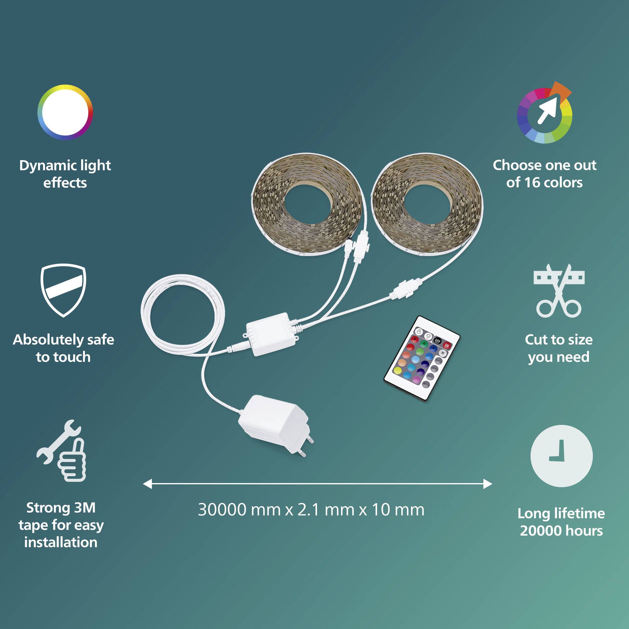 LED-Lichtband mit Fernbedienung. 16 Farben, dynamische Lichteffekte. 3M-Klebeband, sicher, zuschneidbar, 20.000 Stunden Lebensdauer.