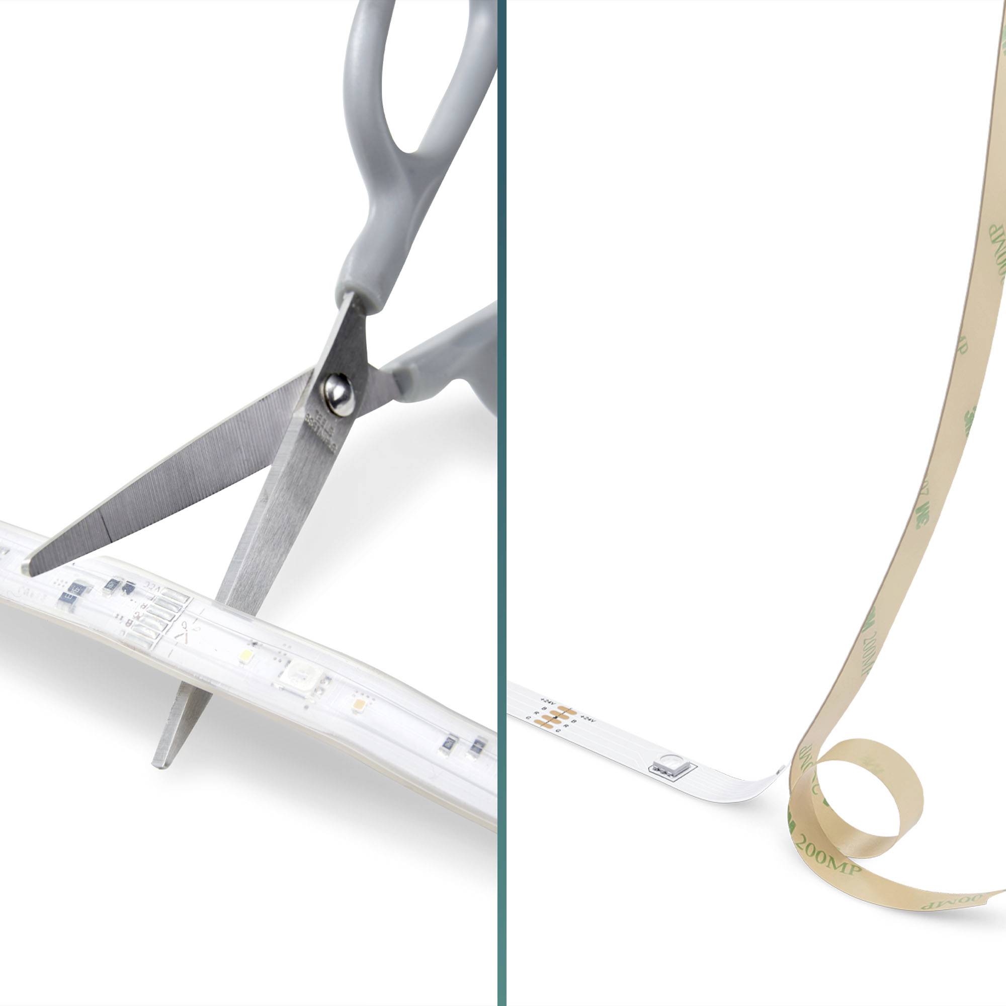 Eine Schere schneidet ein LED-Lichtband. Daneben ein gerolltes Maßband.