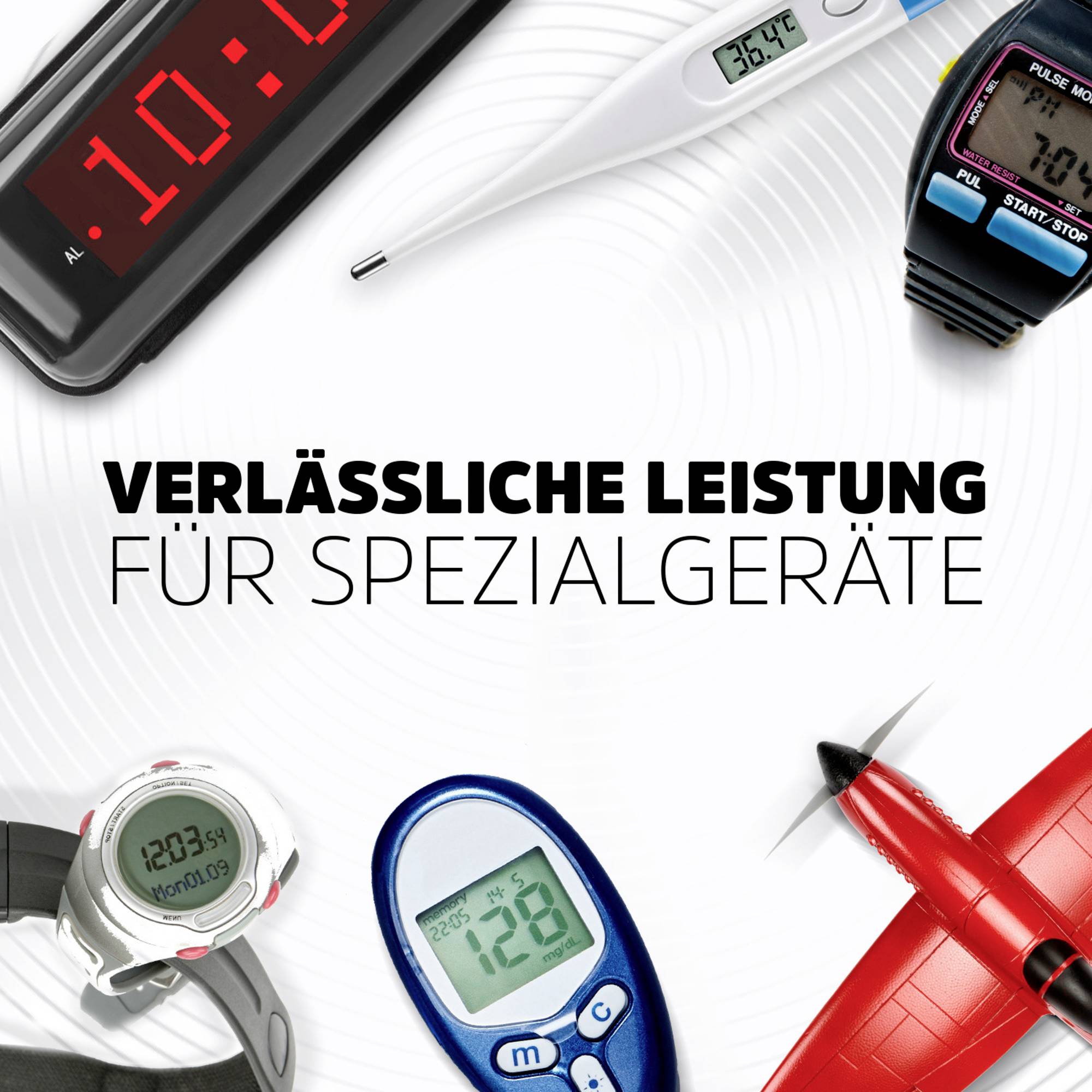 Verschiedene Spezialgeräte zur Zeitmessung und Temperaturanzeige, darunter ein digitaler Wecker, ein Thermometer und Sportuhren. Text: 'Verlässliche Leistung für Spezialgeräte'.