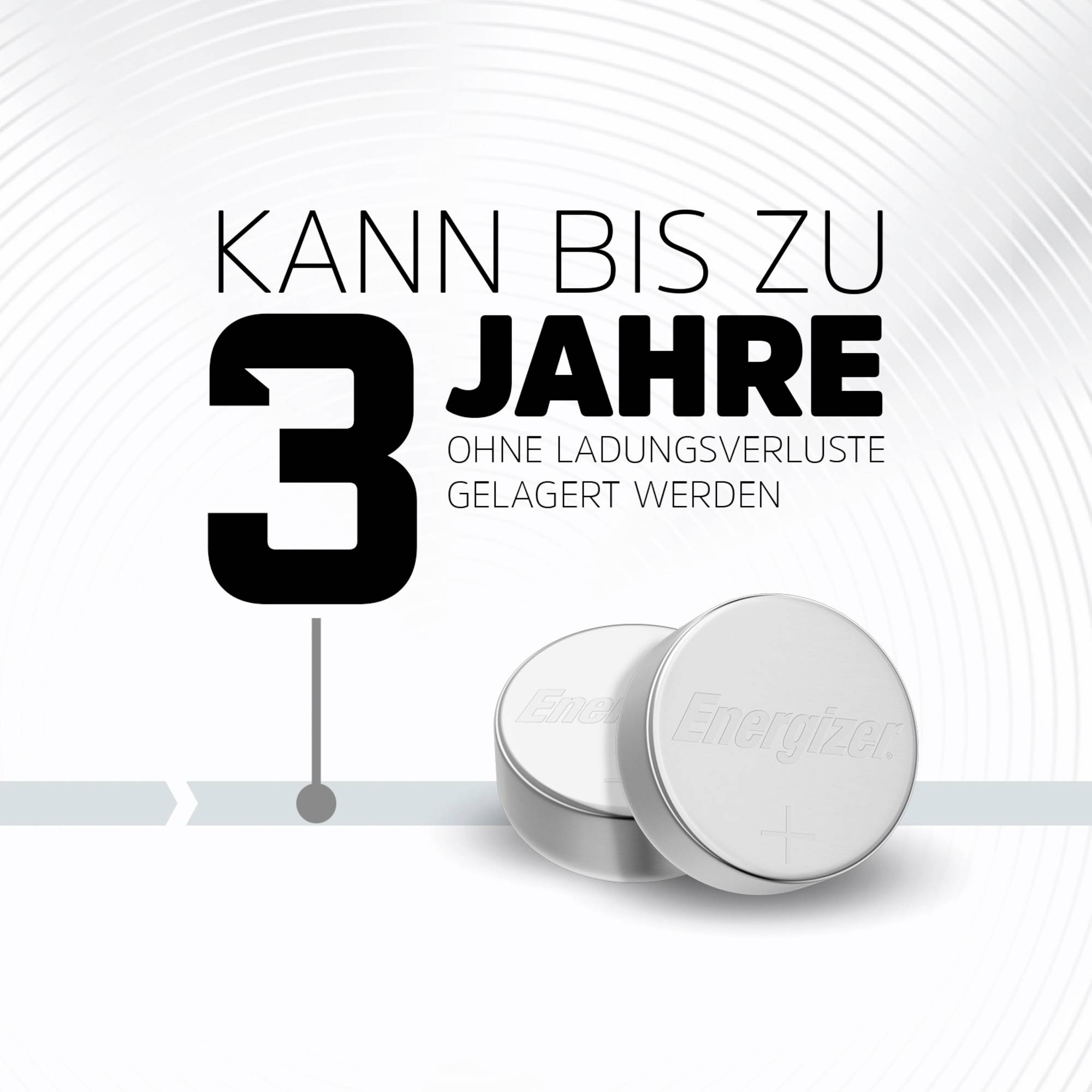 'Zwei Batterien mit der Aufschrift "Energizer" liegen nebeneinander. Text: "Kann bis zu 3 Jahre ohne Ladungsverluste gelagert werden."'