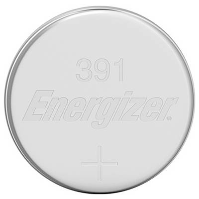 "Energizer 391" Knopfzelle aus Silber mit dem Markennamen und einem Pluszeichen, das den Pluspol kennzeichnet.