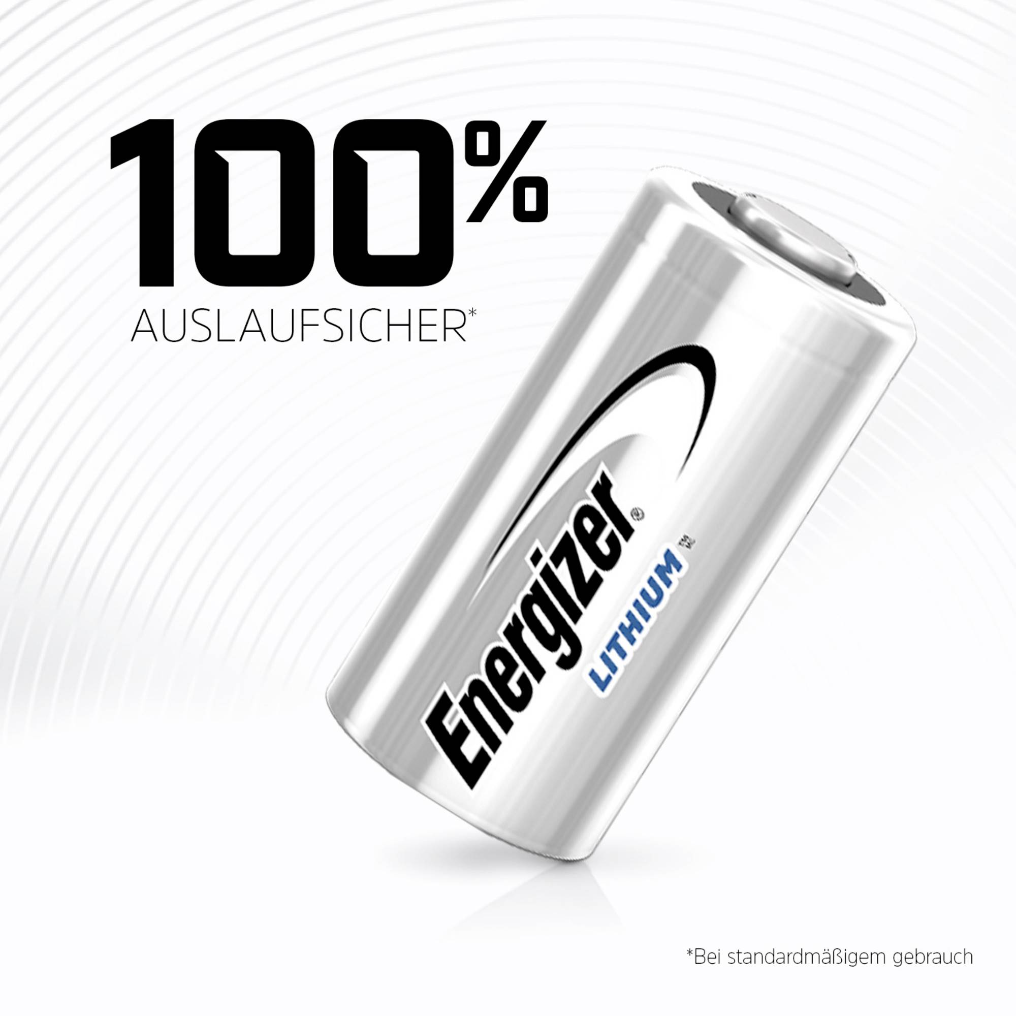 'Energizer Lithium Batterie, Schriftzug "100% auslaufsicher" und Hinweis "Bei standardmäßigerem Gebrauch".'