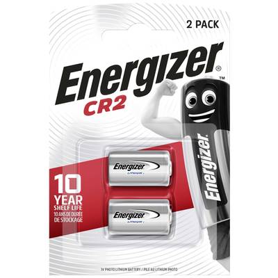 Zwei CR2-Lithiumbatterien der Marke Energizer in einer Verpackung. Die Verpackung zeigt einen Cartoon-Charakter, der Stärke darstellt.