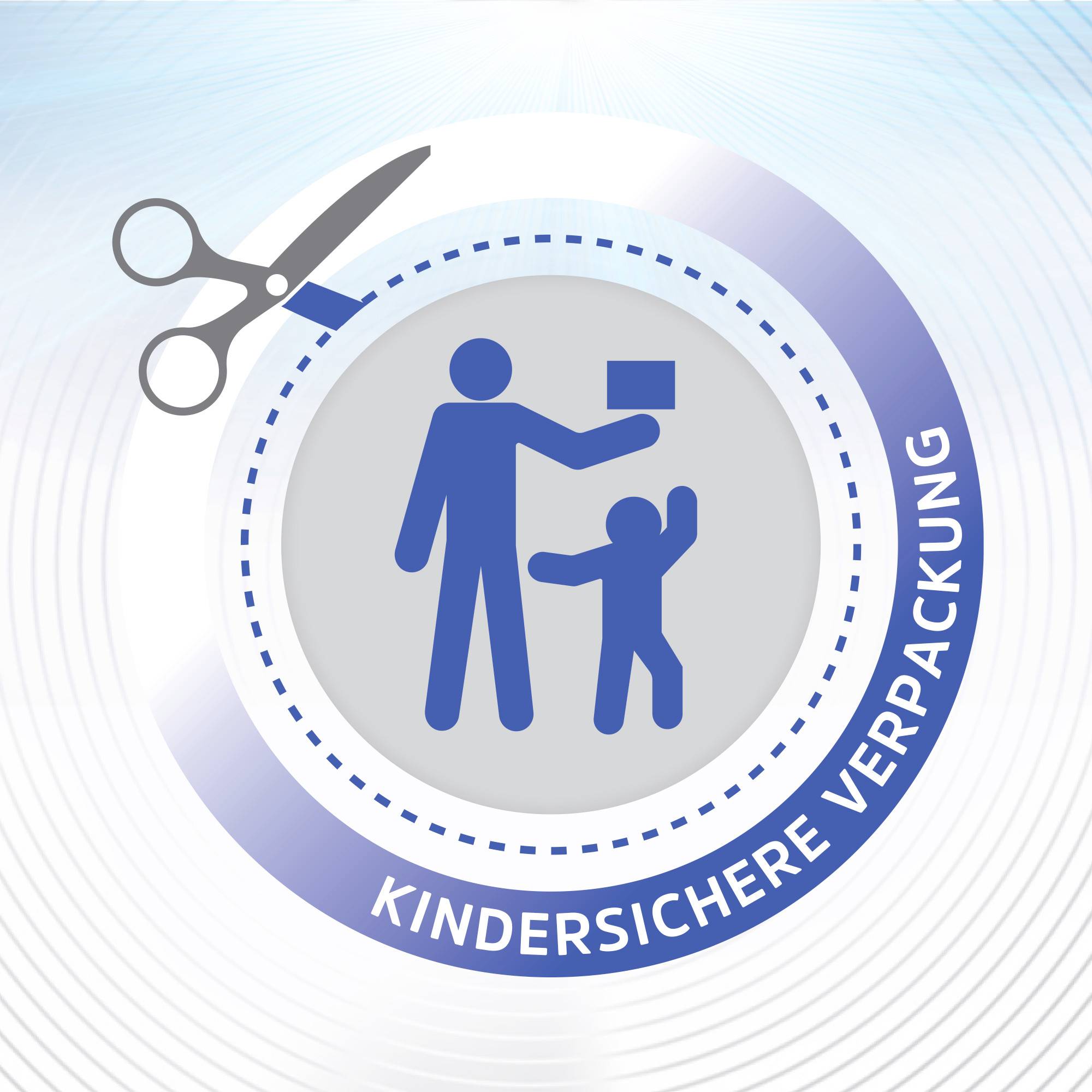 'Kindersichere Verpackung' steht auf blauem Kreis mit Schere und Symbol von Erwachsenem, der etwas für ein Kind hält.