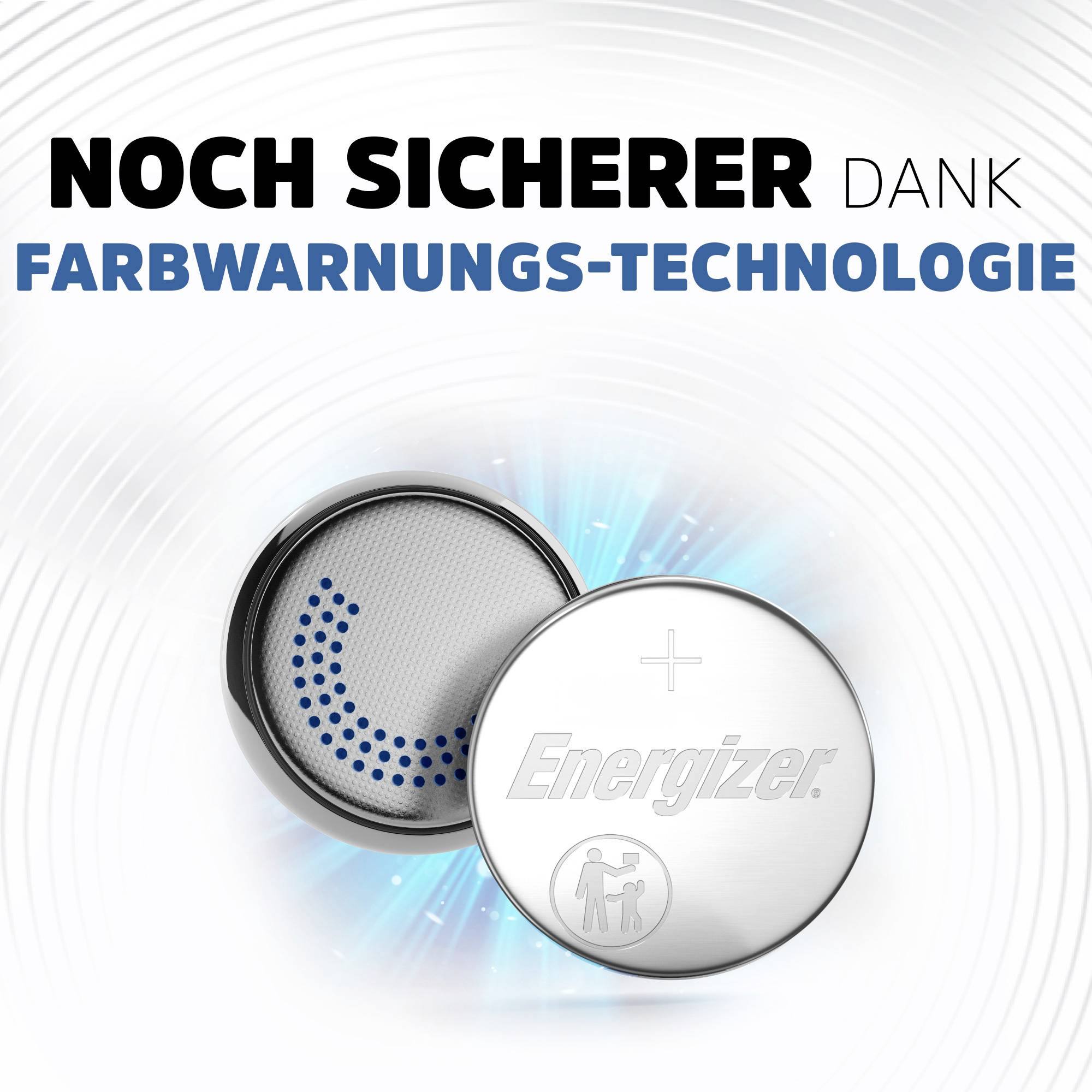 'Knopfzelle mit farbcodierter Warnanzeige zur Erhöhung der Sicherheit. Text: 'Noch sicherer dank Farbwarnungs-Technologie'.'