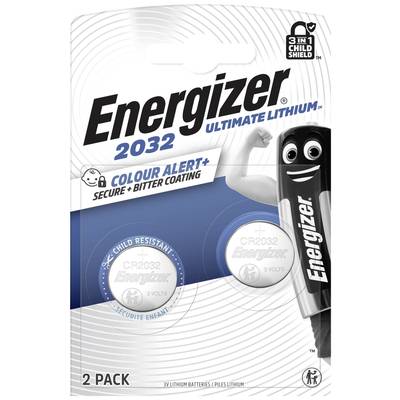 'Packung mit zwei Energizer Ultimate Lithium CR2032 Batterien, 3 Volt. Enthält kinderresistente, bittere Beschichtung.'