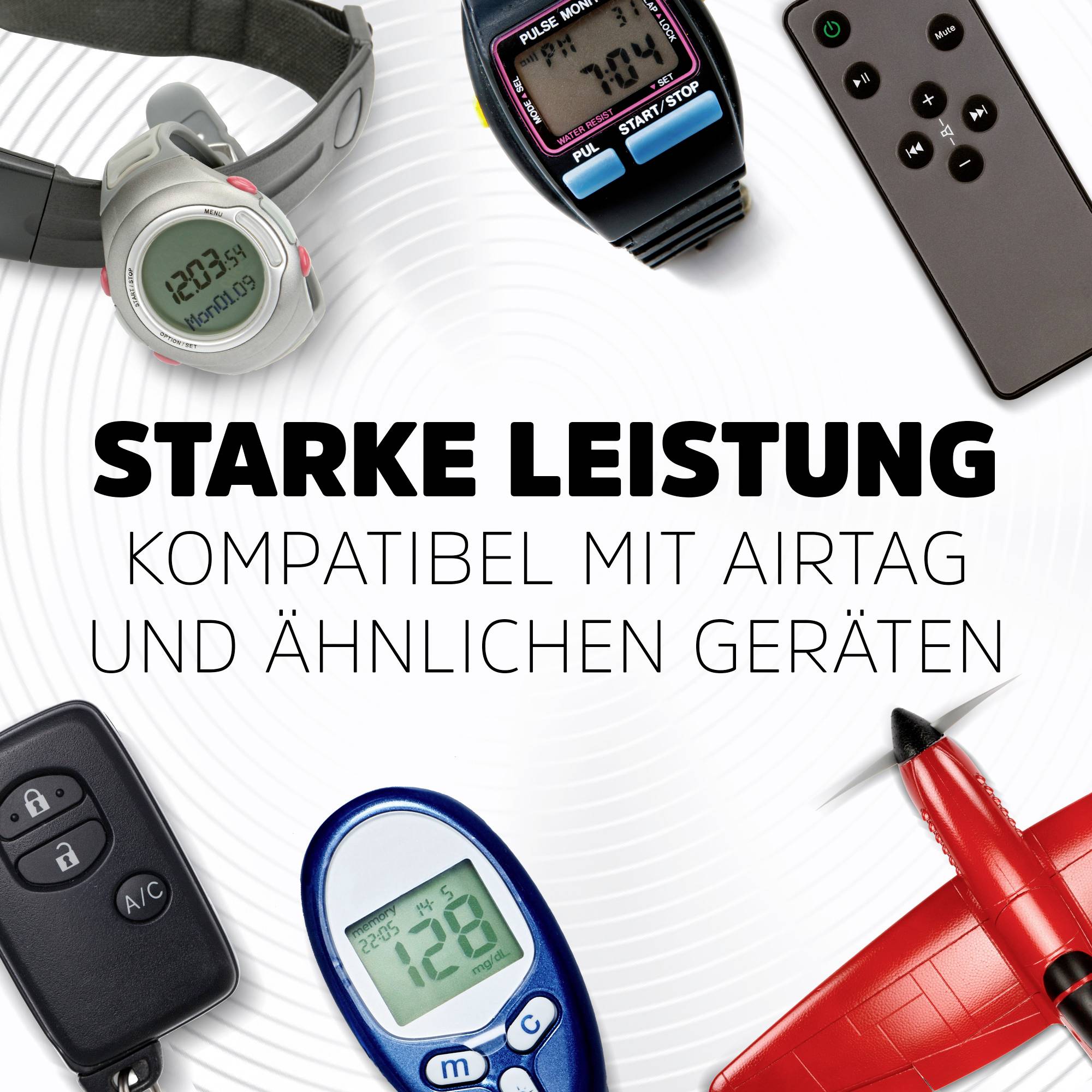 Eine Sammlung von Elektronikgeräten, wie Fernbedienungen und digitale Uhren, um die Worte 'Starke Leistung kompatibel mit Geräten'.