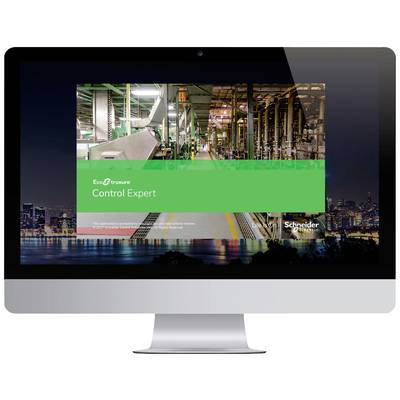 Ein Computermonitor zeigt das Logo und die Präsentation 'EcoStruxure Control Expert' von Schneider Electric mit einer Fabrik im Hintergrund.