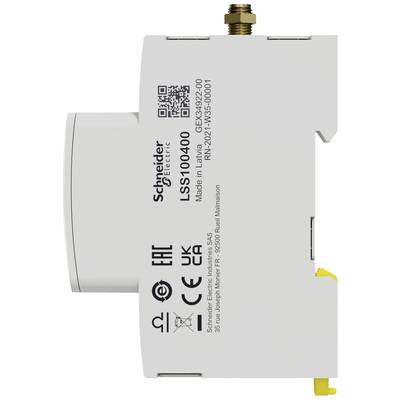 Ein weißer elektrischer Schalter von Schneider Electric. Modellnummer LS100400. Auf der Vorderseite befinden sich technische Details und Zertifizierungslogos.