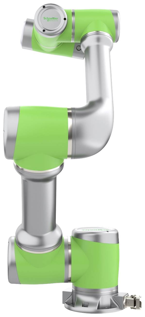 Ein grüner Roboterarm mit silbernen Gelenken, angepasst für industrielle Anwendungen. Hauptmerkmal ist seine Beweglichkeit und Flexibilität.
