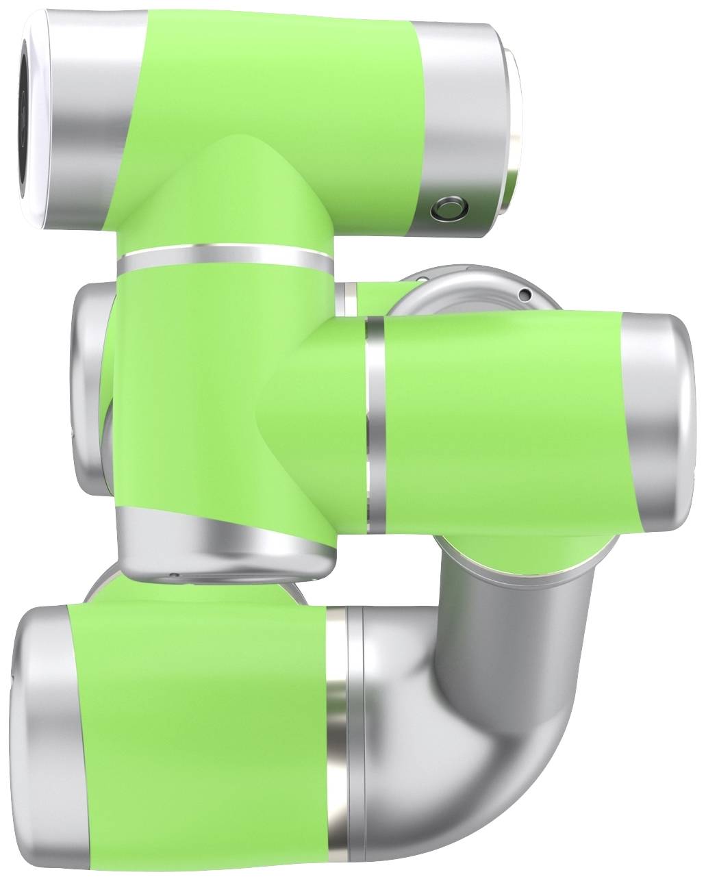 Ein grüner, metallischer Industrieroboterarm mit mehreren Gelenken, geeignet für präzise Bewegungen in automatisierten Prozessen.
