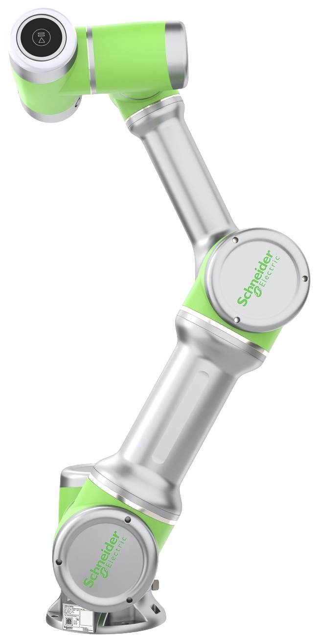 Ein grüner und silberner Roboterarm von 'Schneider Electric', der für industrielle Automatisierungsaufgaben eingesetzt wird.
