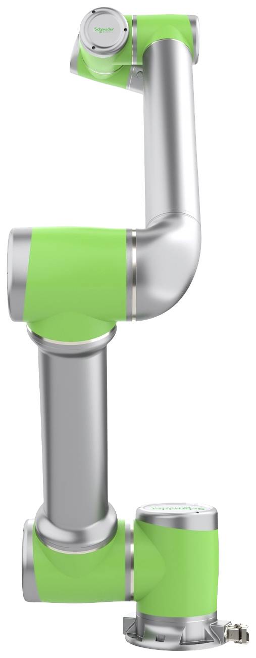 Ein silber-grüner Roboterarm mit mehreren Gelenken in vertikaler Ausrichtung; geeignet für industrielle Anwendungen.
