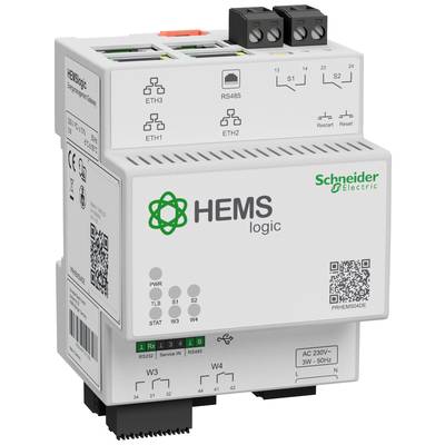 'HEMS logic'-Steuereinheit von Schneider Electric mit Ethernet- und RS485-Anschlüssen, diversen Statusleuchten und Reset-Tasten.