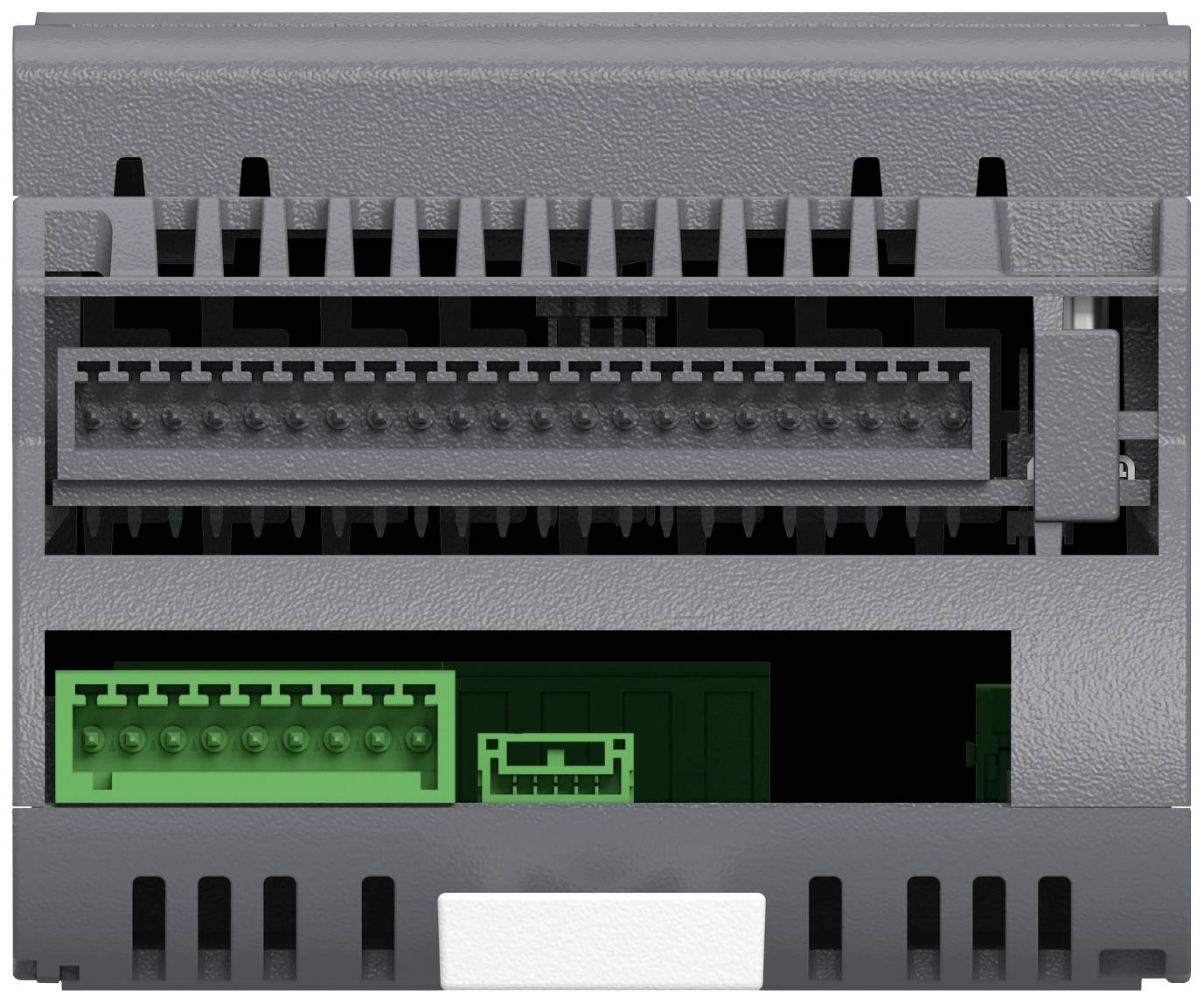 Das Bild zeigt die Rückseite eines elektronischen Geräts mit mehreren Anschlussbuchsen zum Verbinden von Kabeln für elektronische Verbindungen.