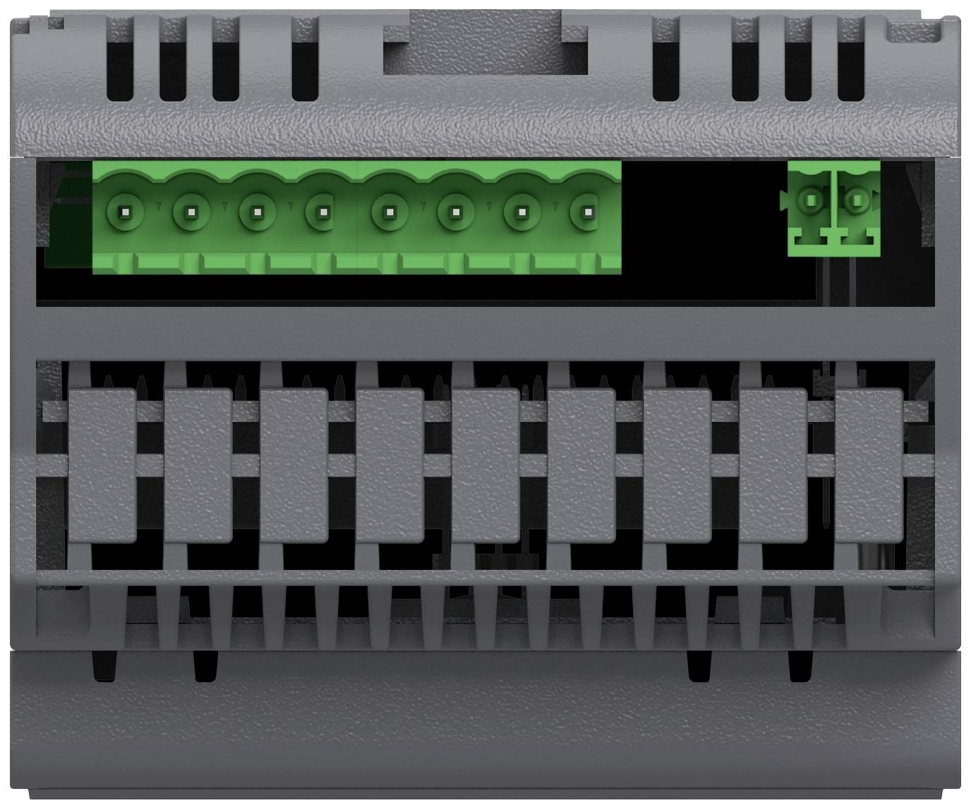 Eine graue technische Komponente mit grünen Anschlussklemmen, die für Elektroinstallationen verwendet wird.
