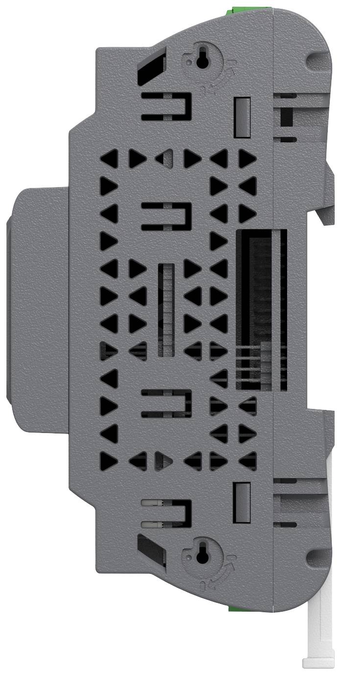 Ein graues elektrisches Steckmodul mit verschiedenen geometrischen Mustern und Öffnungen. Es wird seitlich gezeigt.